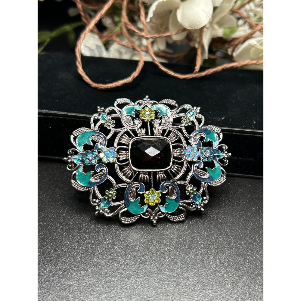 Vintage Style Statement Brooch Black Crystal Teal Enamel Rhinestone Filigree Pin